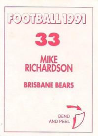 1991 Select AFL Stickers #33 Mike Richardson Back